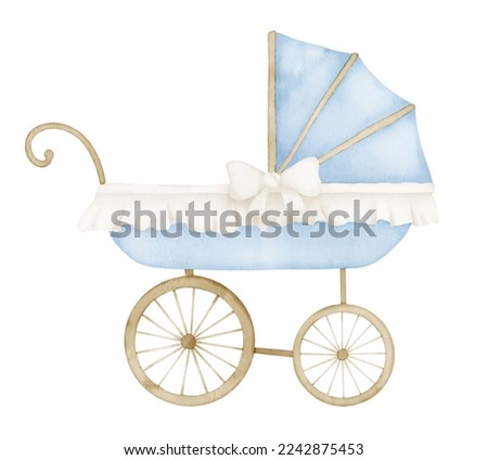 Watercolor Baby Pram in vintage style. Retro kid Stroller in cute pastel blue and beige colors. Carriage for children on isolated background. Hand drawn illustration of perambulator for newborn party.