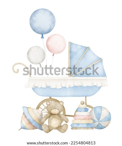 Newborn Baby Boy composition with Pram and kid Toys in pastel blue and beige colors. Watercolor illustration for child birthday party on isolated background. Hand drawn drawing with buggy and balloons