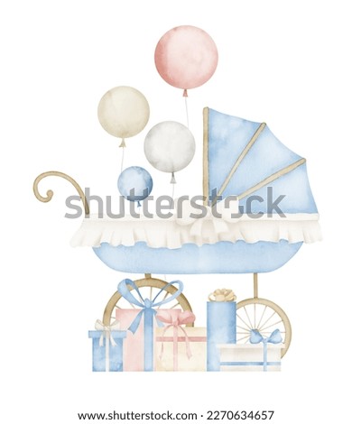 Watercolor childish Pram with air balloons and presents for Baby Shower. Hand drawn watercolor illustration of vintage Stroller and gift boxes on isolated background for newborn party invitations.