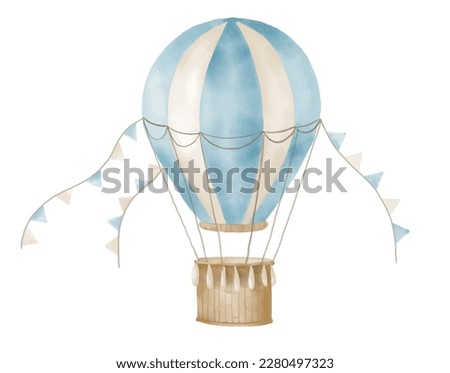 Watercolor blue Air Balloon with basket and pennants. Hand painted vector illustration for Children design in Cartoon style. Vintage Aircraft with hot air for icon or logo in pastel colors