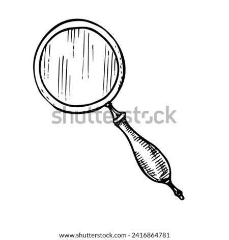 Vintage Magnifying Glass vector illustration. Hand drawn black drawing of old retro Magnifier on isolated white background. Engraving of Loupe for search and explore. Handle tool in linear style.
