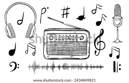 Radio vector illustration. Linear drawing of FM tuner, headphones and microphone painted by black inks. Sketch of old retro media equipment in outline style. Engraving of sound receiver with notes.