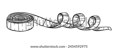 Tape Measure. Vector illustration of centimeter on isolated background. Linear drawing of equipment for tailor painted by black inks. Sketch fitness ruler for Measuring parameter. Figure control meter