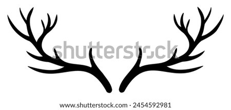 Deer Horn vector illustration. Silhouette of reindeer Antler painted by black inks. Drawing of dry bare branch. Etching of buck stag part of skull. Engraving of leafless bough for icon or logo.