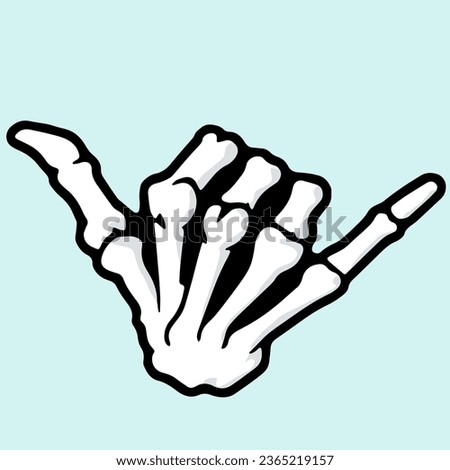 the famous shaka or jumbo hand gesture of a skeleton