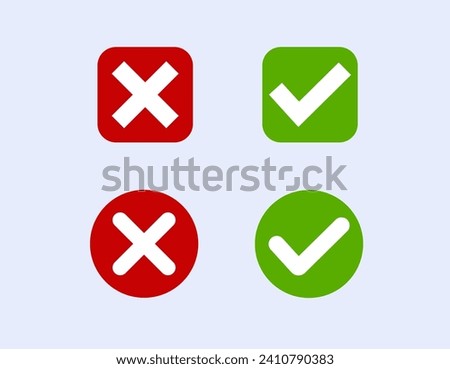  set of 4 web buttons, Green Check Mark and Red Cross Mark in Two Variants Square and Rounded