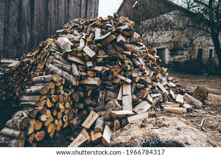 Winter preparation. Stacking Firewood. Pile of firewood loggs. Firewood background. ストックフォト © 