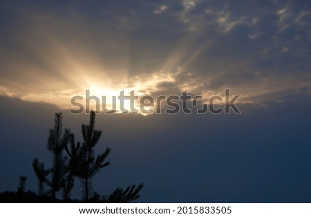 Heavy stormy dark rainy sky with cloud with sun illuminated hole over the field and forest silhouette on a summer evening, beautiful natural landscape. High quality photo