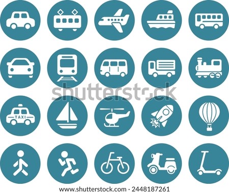 Cute simple transportation and vehicle icon set (white round buttons)