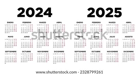 Calendar 2024 and 2025 in spanish. Week starts on Monday. Illustration minimal.