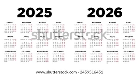 Calendar 2025 and 2026, week starts on Monday. Spanish