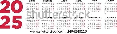 Calendar 2025 in spanish. Week starts on Monday. Illustration minimal.