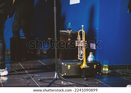 Musical instrument trumpet at the musician's suitcase. Stock fotó © 
