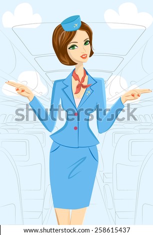 Illustration of cute cheerful female flight attendant in blue and red uniform gesturing emergency exits on the plane