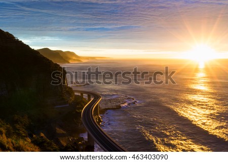 Similar – Foto Bild Gegenlichtlandschaftsbild mit Brücke, Fluss und Strommast