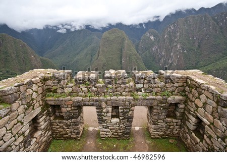 Doors to mountain view in Machu Picchu ruins