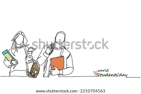 world students' day celebration line art. Poster of hard working teenage high school students. University students chit chatting. Learning at educational institute. Files books and laptops vector art 