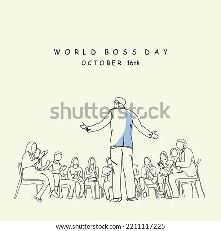 world boss day in october line art. Corporate setting. Businessmen businesswomen together. Businedd ideas. Leader talking. Inspiring oss. Grumpy boss. Concerned Colleague. Boss' day. Continuous line