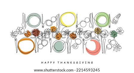 Fall table setting for celebration Thanksgiving or Friendsgiving day, family party or gathering. Flat-lay of plates, cutlery, glassware, colorful pumpkins and white background, top view line art