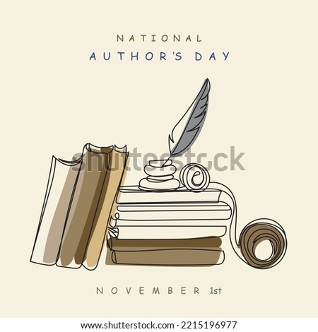Authors day line art poster and banner design vector. Continuous line art of books with inkpot and typewriter vintage style. November celebration. Book lover. Writers editors and authors day. Postcard