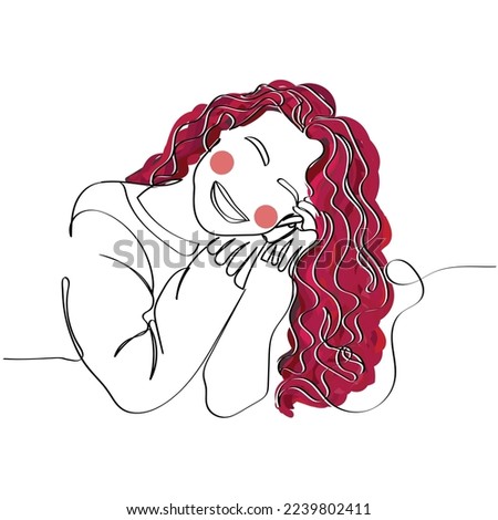 Continuous line art of a beautiful red haired woman. Women's day  vector art. Positive psychology. Social media visual display. Red hair day. Appreciate beauty. Smile day. Happiness day. Concept.