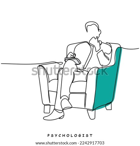 continuous line art of a male psychologist sitting on a sofa with notes n his hands. Counselor or educator concept. Positive psychology vector art. Outside help for clarity of mind. Mental health Foto stock © 