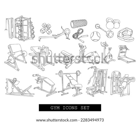 Line art vector of set of gym icons. Exercise and workout concept.