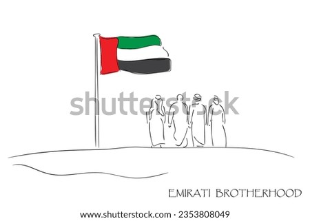 Line art vector of emirati men standing on sand dunes with flag waving in front of them. emirati brotherhood.