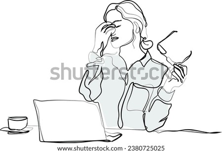 Line art vector of Fatigued businesswoman taking off glasses tired of computer work,  blurry vision symptoms after long laptop use, overworked woman feels eye strain tension problem. continuous line.