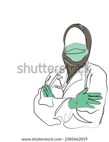 hand drawn line art vector of Successful team of Arabic medical doctors are looking at camera while standing in hospital with arms crossed male and female doctors in protective scrubs masks and gloves