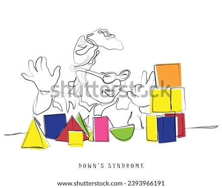 line art drawing of a toddler playing with colorful blocks for sensory skills development. downs syndrome concept art. poster awareness.