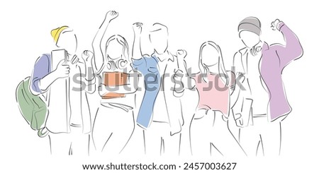 Hand drawn line art vector of teenager standing together carrying books and headphones. Excited young students. Students protest.