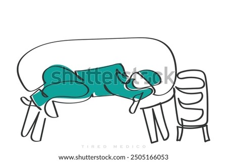 hand drawn line art vector of a medical professional in scrubs lying down sleeping on a couch after a long duty call. Overworked doctors and nurses concept