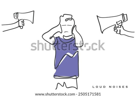 hand drawn line art vector of a kid bothered by loud noises around. Overwhelmed kid by external pressures. Unhappy kid under burden of emotional trauma. Broken family and its impact on kids