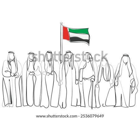 Hand drawn line art vector of Arab men. United Arab emirates. Arab united under one flag.