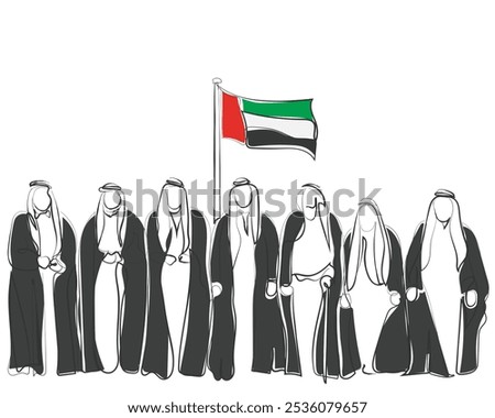 Hand drawn line art vector of Arab men. United Arab emirates. Arab united under one flag.