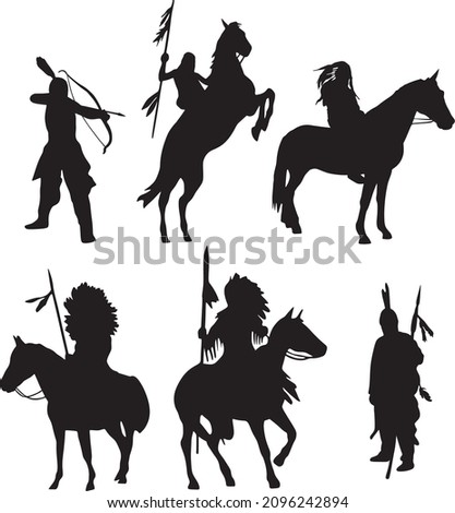Vector set of silhouettes of native Americans. The shadows of the Indians of the various tribes of America. Incas, Maya, Aztecs, Marlborough. People on horseback
