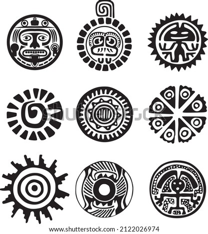 Vector monochrome set of Native American Indian national symbols. Ethnic round ornaments of the peoples of America, Aztec, Maya, Incas, Peru, Brazil, Mexico, Honduras, Guatemala.
