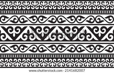 Vector monochrome seamless Kazakh national ornament, yurt decoration. Endless black border, frame of the nomadic peoples of the Great Steppe. For sandblasting, laser and plotter cutting.
