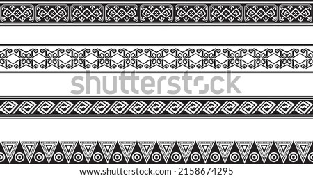 Vector monochrome set of seamless indian national native american borders. Endless ethnic ornaments of the peoples of America, Aztec, Maya, Inca, Peru, Brazil, Mexico, Honduras, Guatemala.