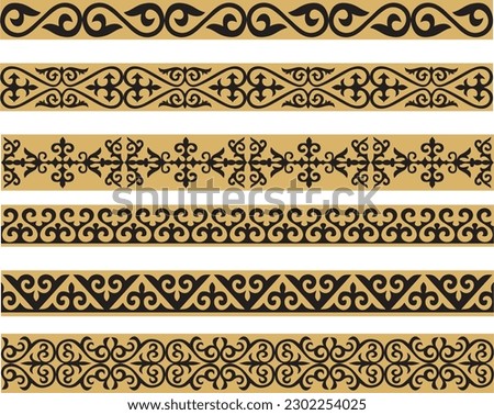 Set of vector gold and black seamless Kazakh national ornament. Ethnic pattern of the nomadic peoples of the great steppe, the Turks. Border, frame Mongols, Kyrgyz, Buryats, Kalmyks.
