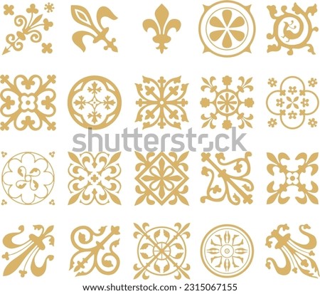 Vector golden set of ancient Roman ornament elements. Classic European parts of patterns. Lilies and crowns.
