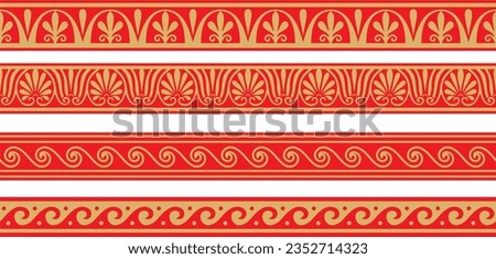 Set of vector seamless greek classic ornament. Pattern for a border and a frame. Ancient Greece and the Roman Empire. Endless gold with red meander.
