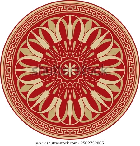 Vector gold with red classic Greek round ornament. Circle of Ancient Greece and the Roman Empire. Byzantine painting of walls, floors and ceilings. Decoration of European palaces.
