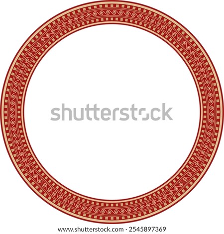 Vector gold with red classic Greek round ornament. Circle of Ancient Greece and the Roman Empire. Byzantine painting of walls, floors and ceilings. Decoration of European palaces.
