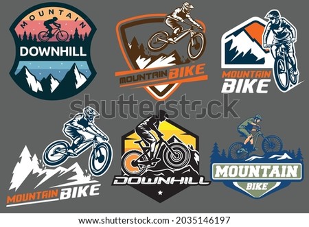 Downhill Bike Rider Badge, Mountain Bike Logo,t-shirt Brooklyn bicycle motocross freestyle,Cycline Foto stock © 