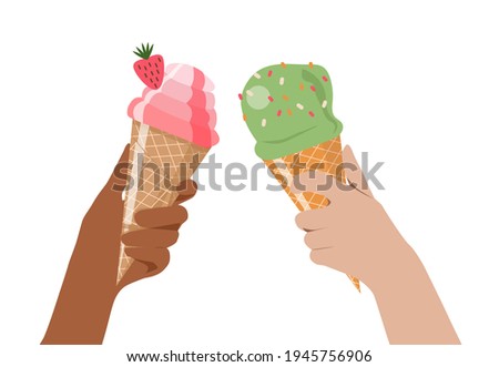 two hands are raised up and hold an ice cream cone