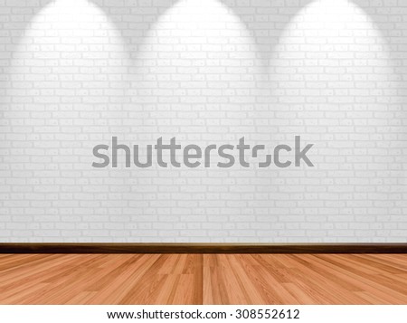 Empty room background with wooden floor brick wall and spotlight.