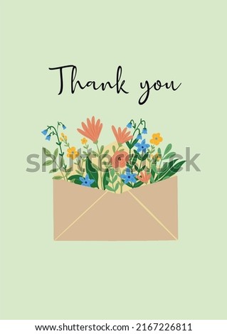 Vector illustration of a thank you greeting card. Holiday greetings. Floral envelope. Sweet and happy. Lovely invitation. 