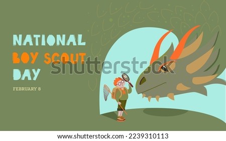 National Boy Scout Day February 8 Flyer Banner Design Horizontal Template Vector, Presentation Abstract Cover, Modern Publishing Poster.
A boy scout meets a dragon in the wild forest